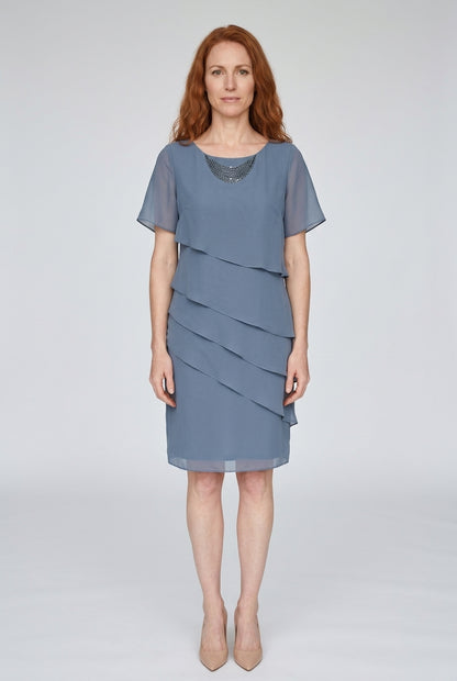Elegant Flowy Short Sleeve Dress for Women, Layered Silhouette with Flattering Cut, for Formal, Dinners & Daytime Events