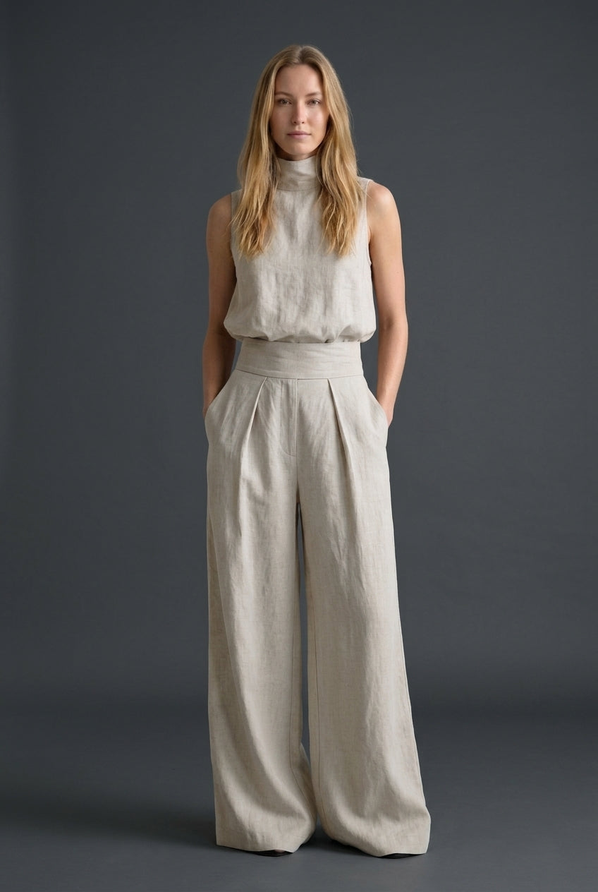 Elegant Sleeveless Trouser Set for Women, Wide-Leg Relaxed Fit Minimalist Coordinated Top & Trousers, for Summer, Work, 