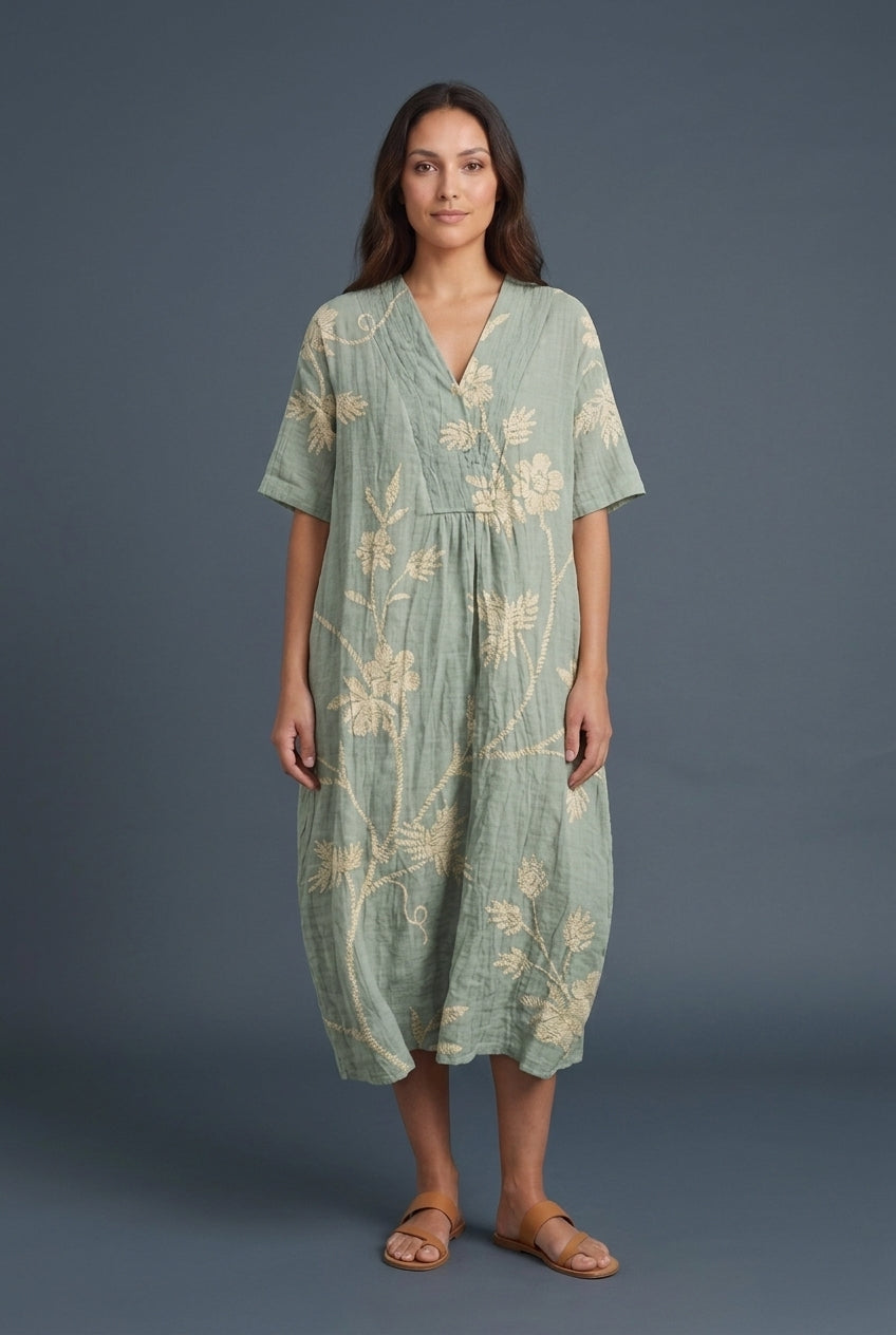 Vibrant Multicolour V-Neck Dress for Women, Lightweight Cotton-Linen Blend, for Summer, Casual & Party Wear