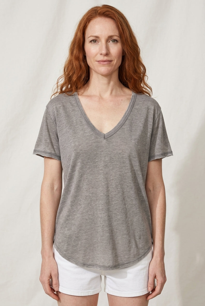 Relaxed V-Neck Short Sleeve Tee for Women, Rayon Polyester Breathable Plain, for Summer, Casual & Everyday Wear