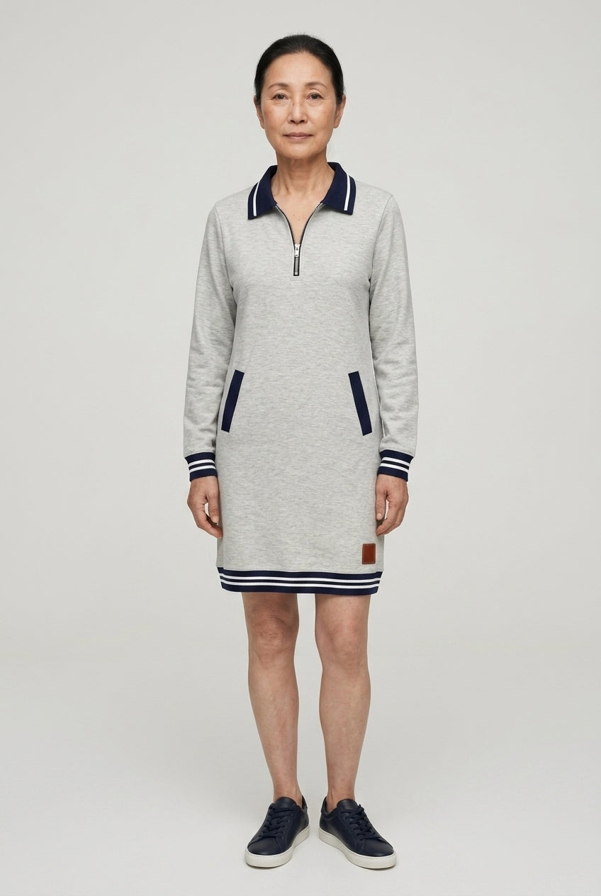 Elegant Long Sleeve Collar Dress for Women, Cotton Blend Straight Cut with Front Zipper & Pockets, for Work, Office, Cas