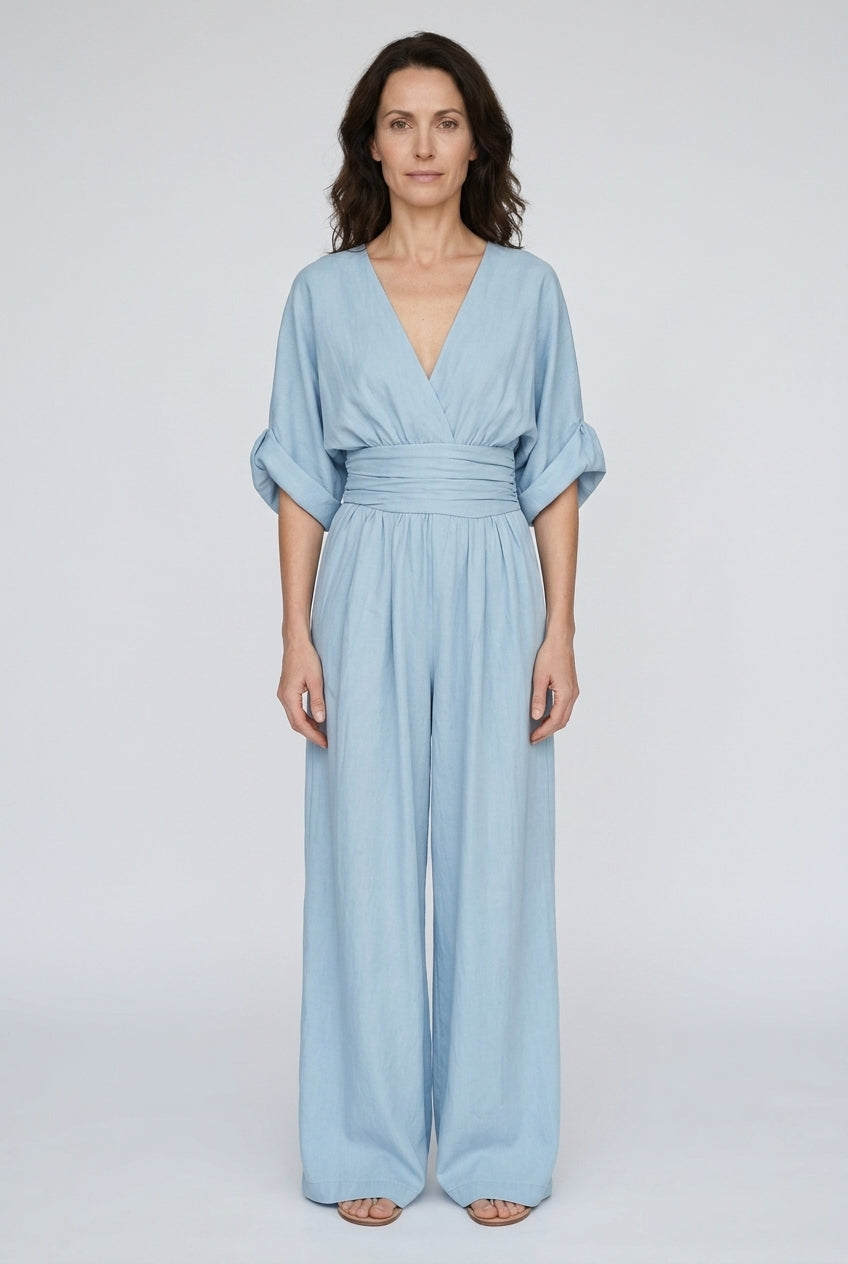 Elegant Wide Sleeve V-Neck Jumpsuit for Women, Flowing Relaxed Fit Cinched Waist, for Brunch, Travel, Casual & Everyday 