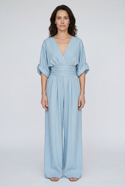 Elegant Wide Sleeve V-Neck Jumpsuit for Women, Flowing Relaxed Fit Cinched Waist, for Brunch, Travel, Casual & Everyday 