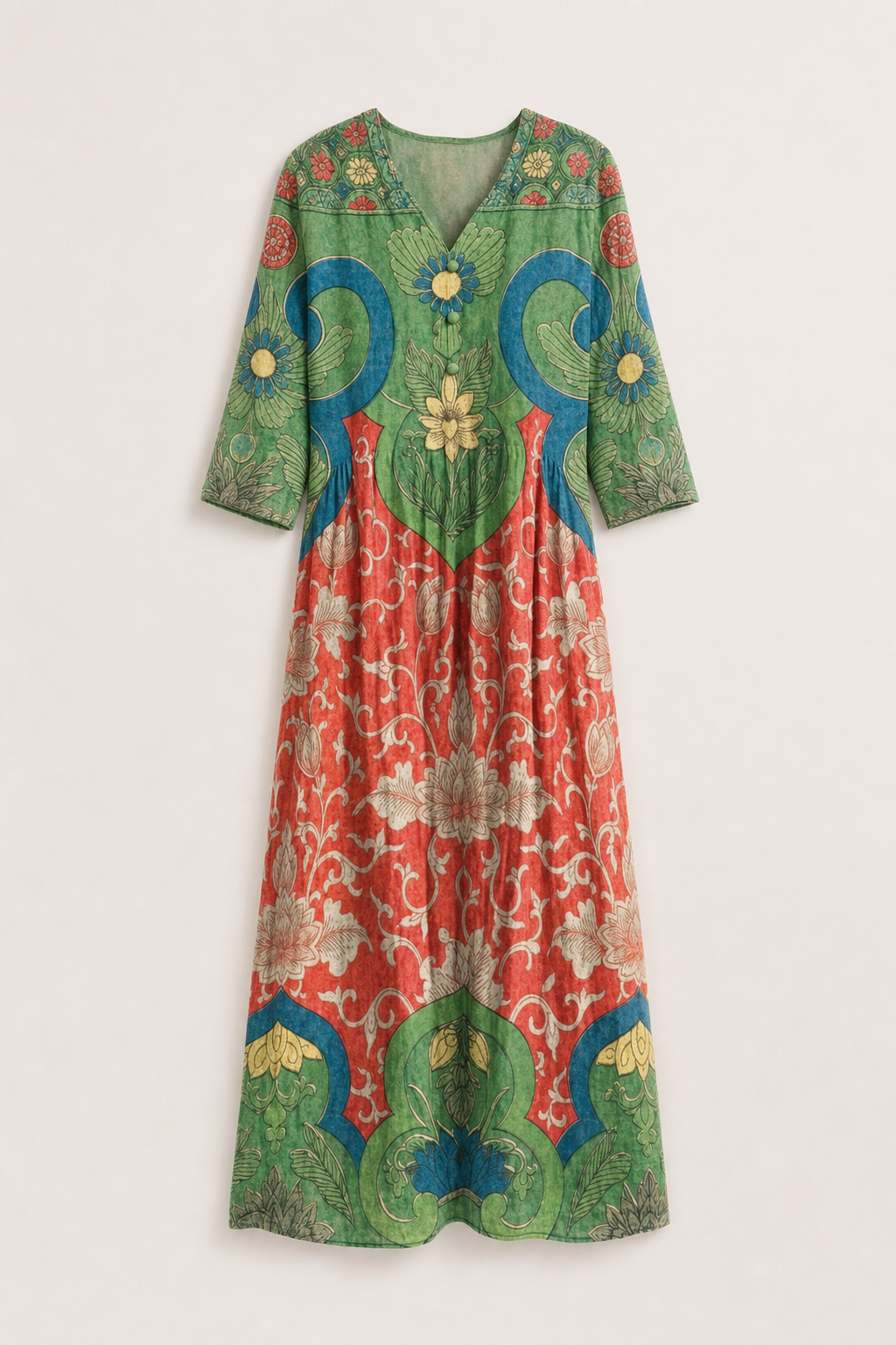 Sera | Women's Green Linen Boho Floral Ethnic V-Neck Pocket Maxi Dress