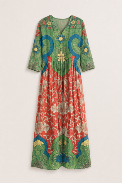 Sera | Women's Green Linen Boho Floral Ethnic V-Neck Pocket Maxi Dress