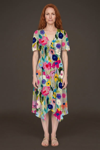 Elegant Printed Dress for Women, Short Sleeve V-Neck Asymmetrical Hem Lightweight, for Weddings, Vacations & Everyday We