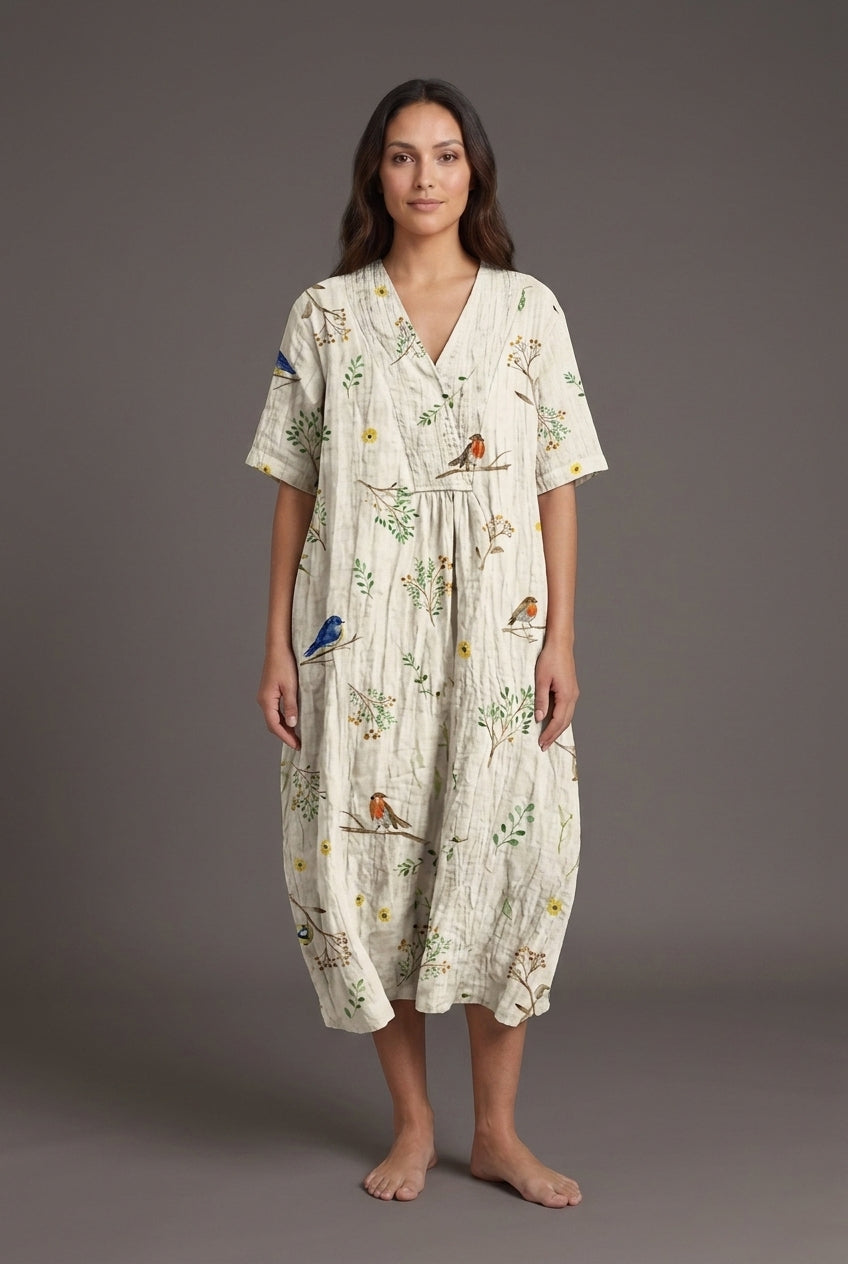 Vibrant Multicolour V-Neck Dress for Women, Lightweight Cotton-Linen Blend, for Summer, Casual & Party Wear