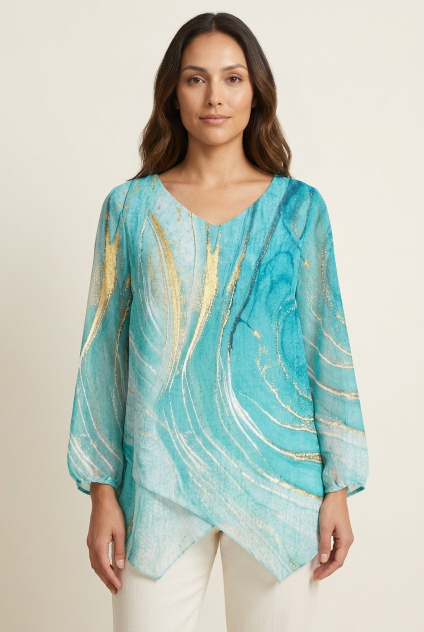 Turquoise Print Women's V-Neck Long Sleeve Asymmetric Hem Top