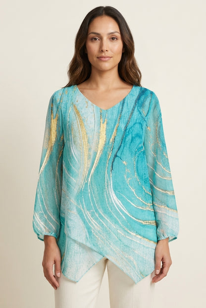 Turquoise Print Women's V-Neck Long Sleeve Asymmetric Hem Top