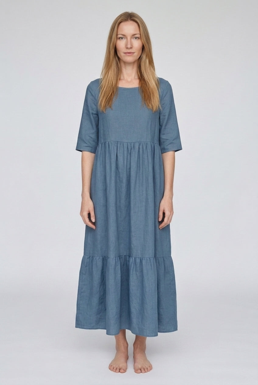 Classic Mid Sleeve Dress for Women, Cotton Relaxed Round Neckline with Pockets, for Spring, Summer & Everyday Wear
