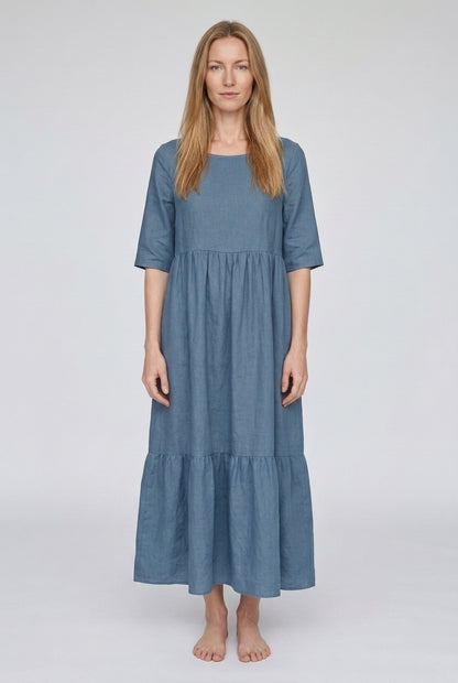 Classic Mid Sleeve Dress for Women, Cotton Relaxed Round Neckline with Pockets, for Spring, Summer & Everyday Wear