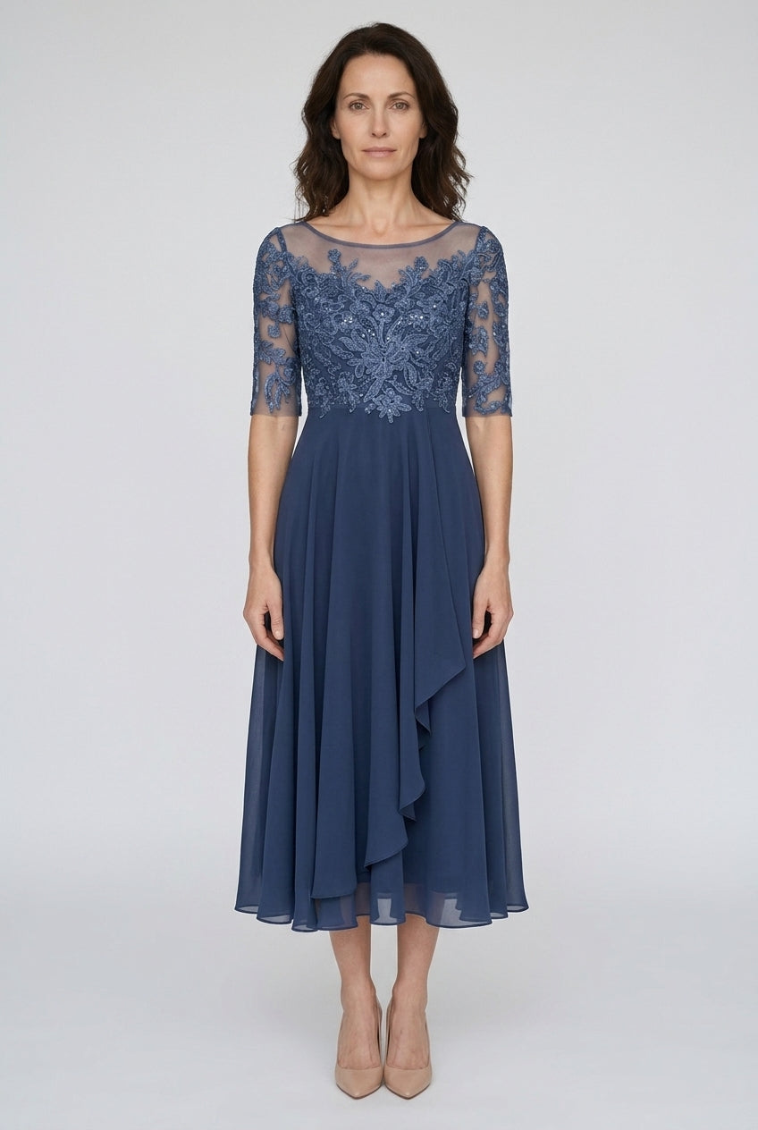 Elegant Evening Dress for Women, Fluid Draped Long-Sleeve Refined Neckline, for Formal Occasions, Dinners & Weddings
