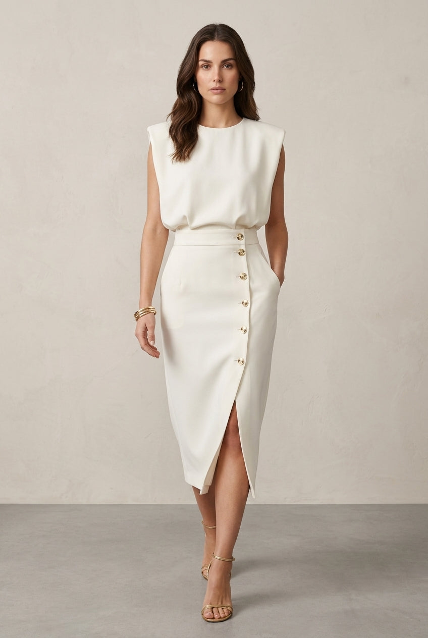 Elegant Midi Dress for Women, Sculpted Waist Side Slit Structured Shoulders, for Office, Events & Everyday Wear