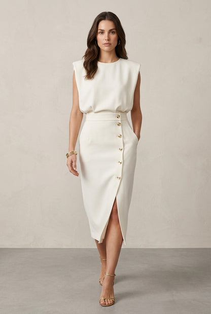 Elegant Midi Dress for Women, Sculpted Waist Side Slit Structured Shoulders, for Office, Events & Everyday Wear
