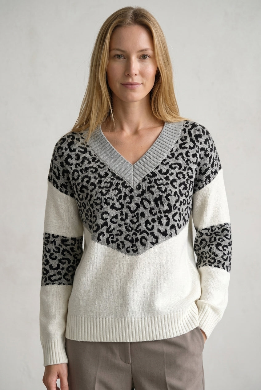 Elegant Leopard Print V-Neck Sweater for Women, Soft Knit Long-Sleeve, for Work, Casual & Evening Wear