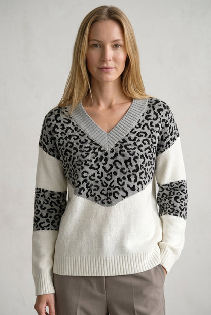 Elegant Leopard Print V-Neck Sweater for Women, Soft Knit Long-Sleeve, for Work, Casual & Evening Wear