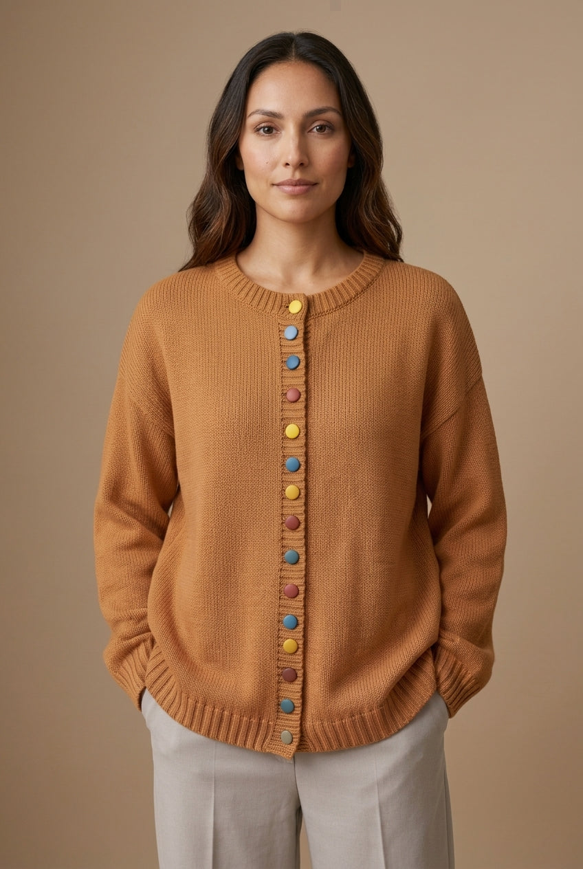 Elegant Relaxed Cardigan for Women, Button-Accent Long-Sleeve Layering, for Work, Casual, Everyday & Polished Wear