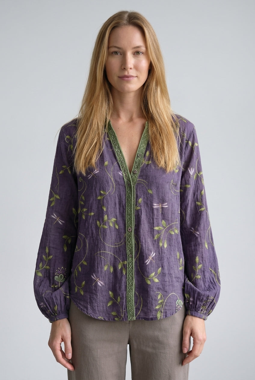 Elegant Vintage Leaf Print Shirt for Women, Lightweight Button-Down Draped Fit, for Work, Casual, Date Night & Everyday 