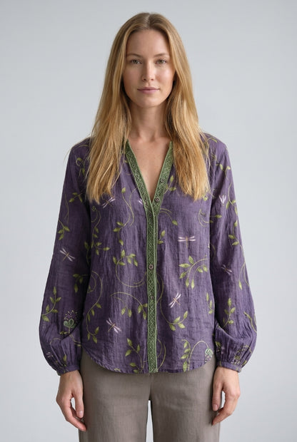Elegant Vintage Leaf Print Shirt for Women, Lightweight Button-Down Draped Fit, for Work, Casual, Date Night & Everyday 