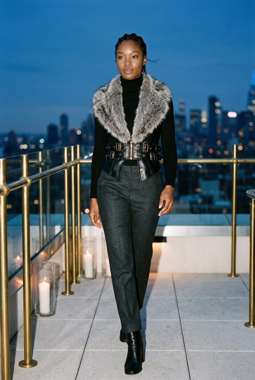 Ovara | Cropped Faux Fur Collar Leather Jacket