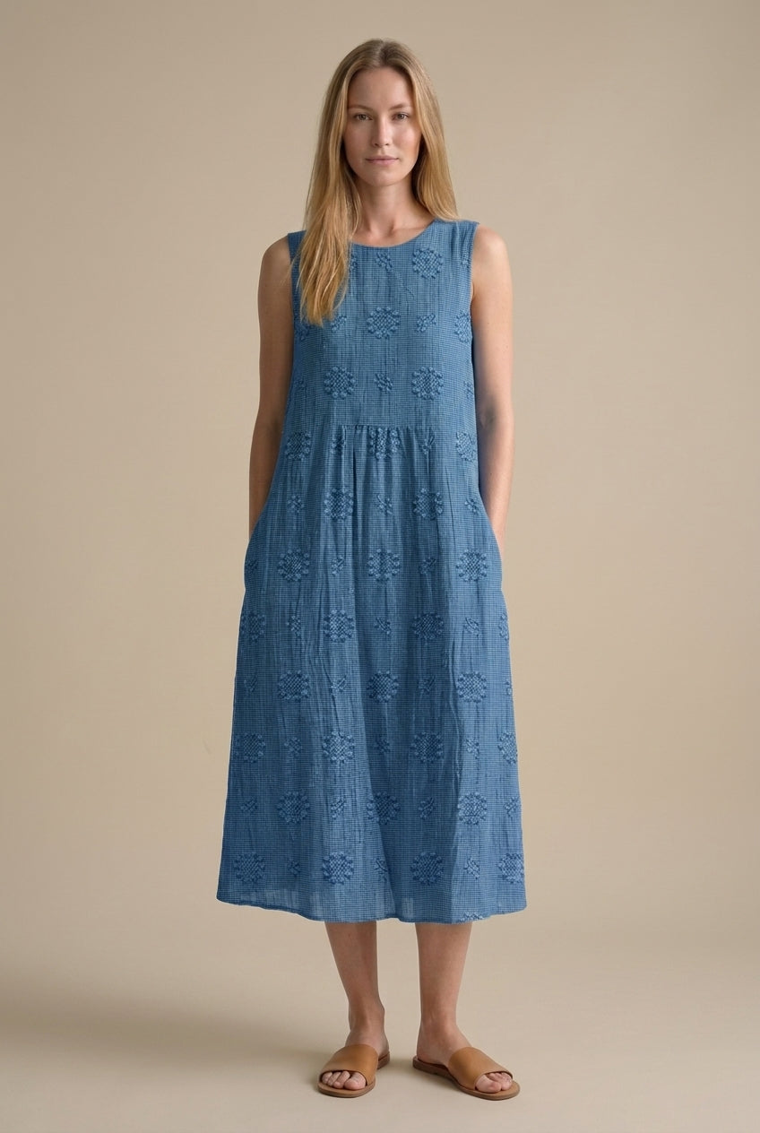 Elegant Midi Dress for Women, Lightweight Breathable Embroidered Sleeveless with Hidden Pockets, for Beach, Garden, Casu