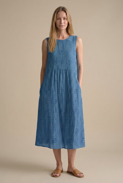 Elegant Midi Dress for Women, Lightweight Breathable Embroidered Sleeveless with Hidden Pockets, for Beach, Garden, Casu