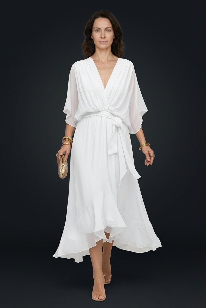 Elegant V-Neck Flowy Sleeve Dress for Women, Layered Textured Fringe Design, for Special Occasions, Dinners & Evening We