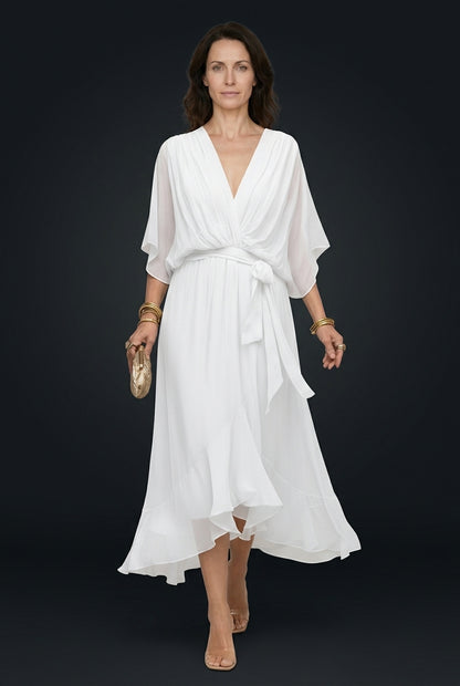 Elegant V-Neck Flowy Sleeve Dress for Women, Layered Textured Fringe Design, for Special Occasions, Dinners & Evening We