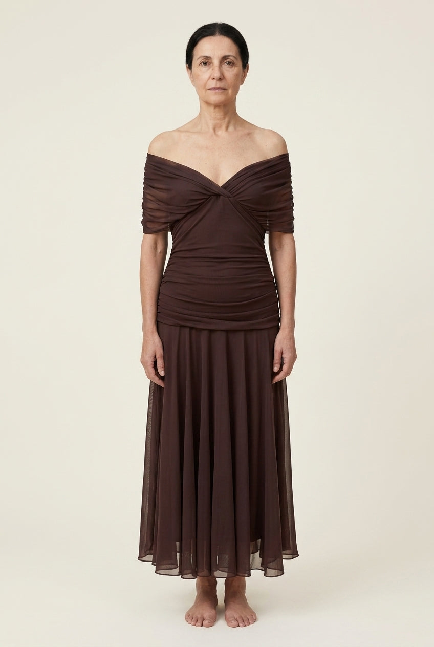 Elegant Off-Shoulder Dress for Women, Lightweight Flowy Pleated Floral, for Weddings, Evening Events & Vacation
