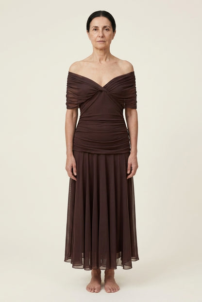 Elegant Off-Shoulder Dress for Women, Lightweight Flowy Pleated Floral, for Weddings, Evening Events & Vacation