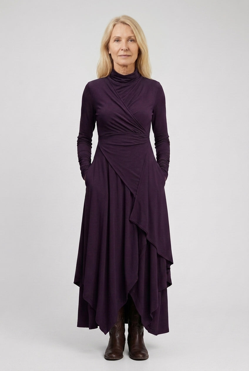 Elegant High Neck Maxi Dress for Women, Flowing Layered Long-Sleeve, for Formal Events, Wedding Guest & Everyday Wear