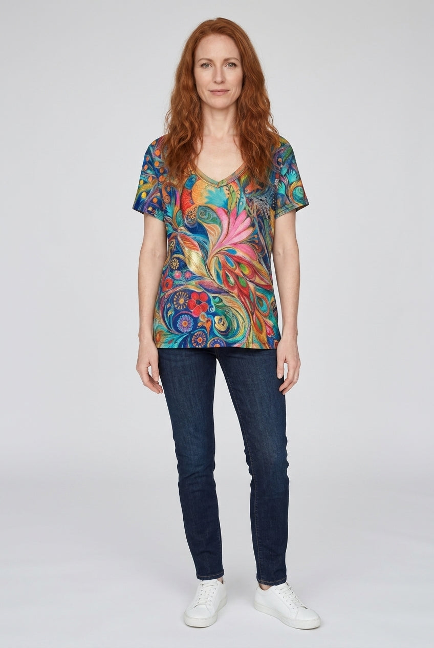Colorful Abstract Print Women's V-Neck Short Sleeve Top