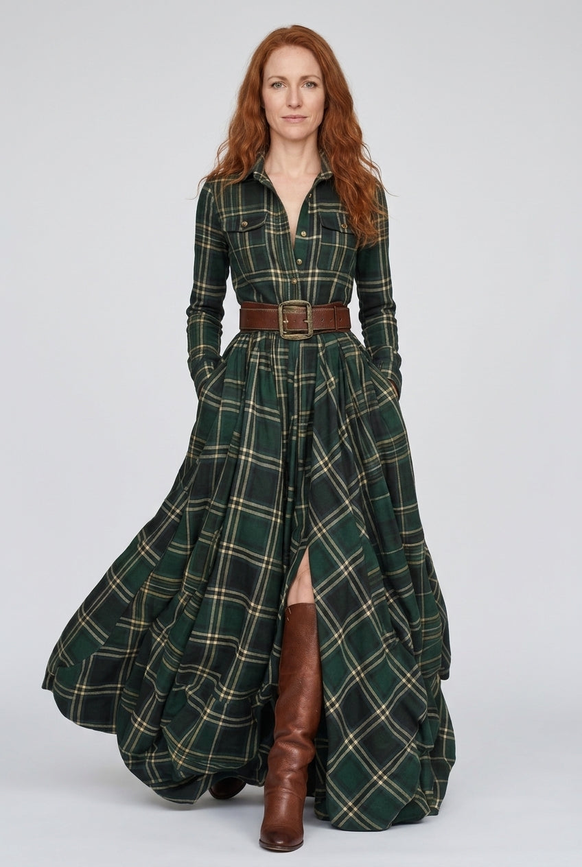 Belted Shirt Dress for Women, Plaid Tailored Flared Midi with Collar & Pockets, for Work, Brunch, Casual & Everyday Wear