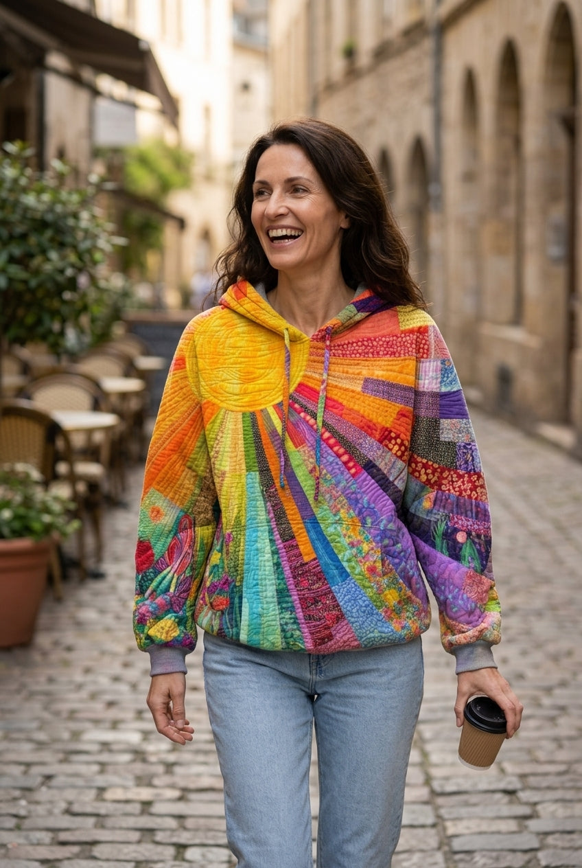Bohemian Multicolor Patchwork Hoodie for Women, Long-Sleeve Relaxed Fit Cotton Blend, for Casual, Weekend & Everyday Wea