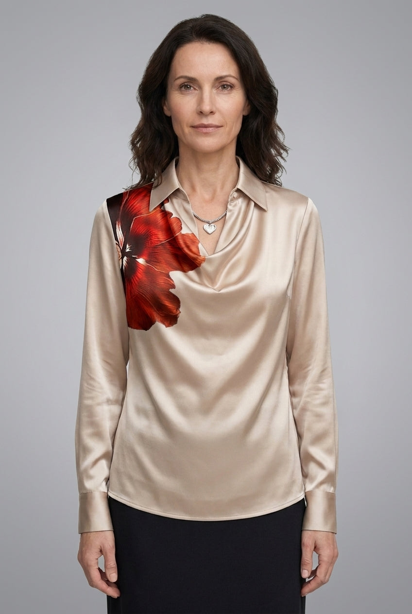 Elegant Draped Neckline Satin Blouse for Women, Long-Sleeve Tailored with Collar Detail, for Work, Office, Evening & Eve