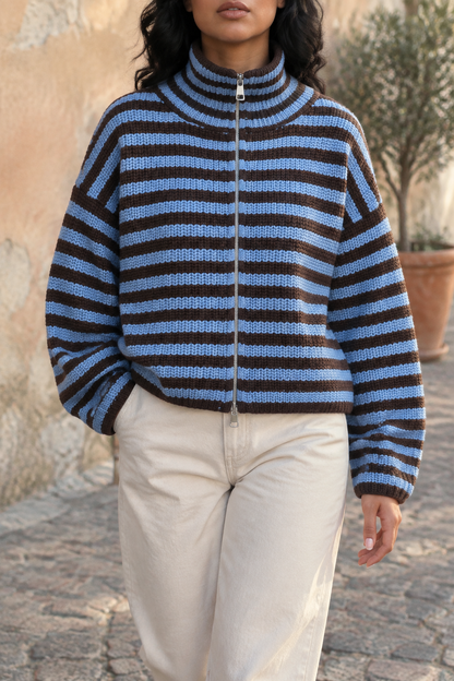 Diva | Striped Turtleneck Zip Cardigan