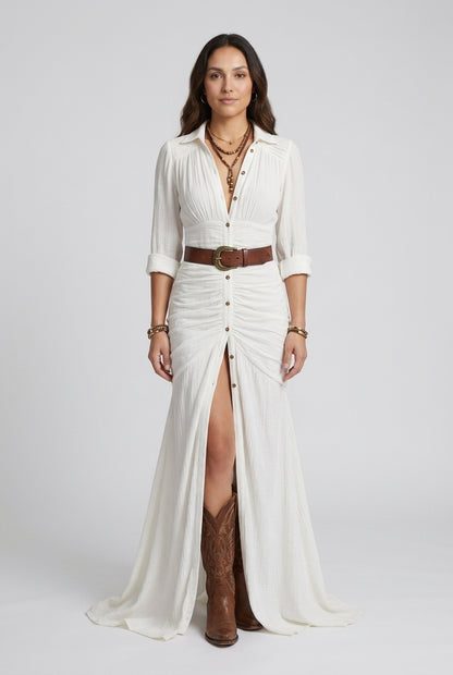 Elegant Long Belted Dress for Women, Pleated Lapels Tailored Flowing Silhouette, for Work, Evening, Brunch & Everyday We