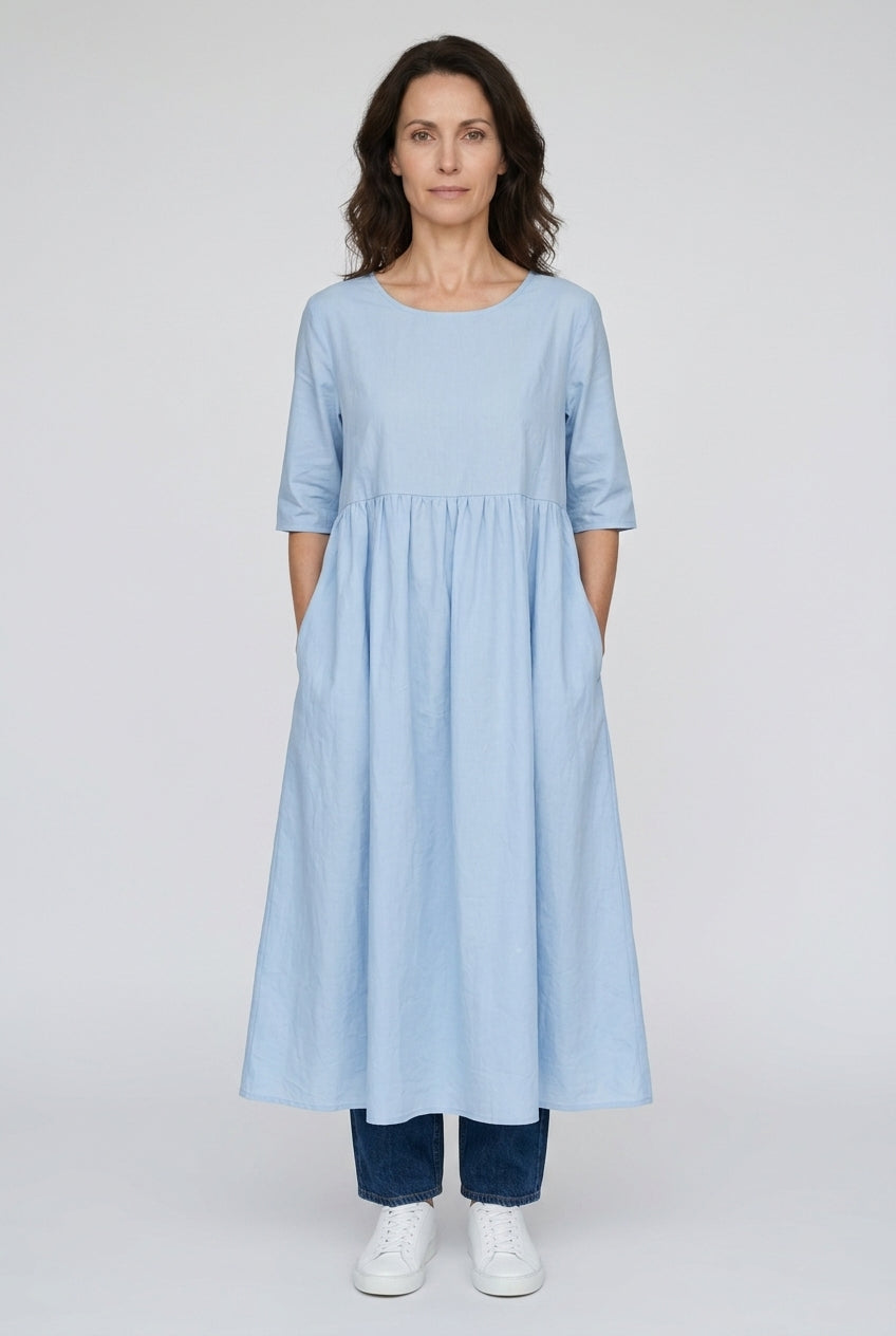 Classic Mid Sleeve Dress for Women, Cotton Relaxed Fit Round Neckline with Pockets, for Spring, Summer & Everyday Wear