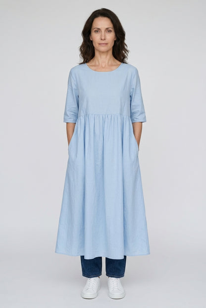 Classic Mid Sleeve Dress for Women, Cotton Relaxed Fit Round Neckline with Pockets, for Spring, Summer & Everyday Wear