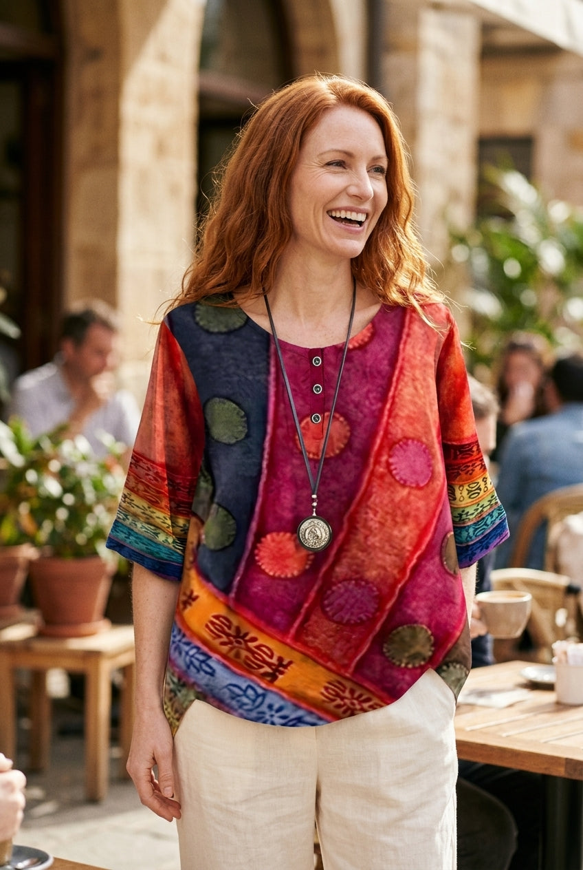 Relaxed Boho Top for Women, Mixed-Print Summer Lightweight, for Casual, Everyday & Vacation Wear