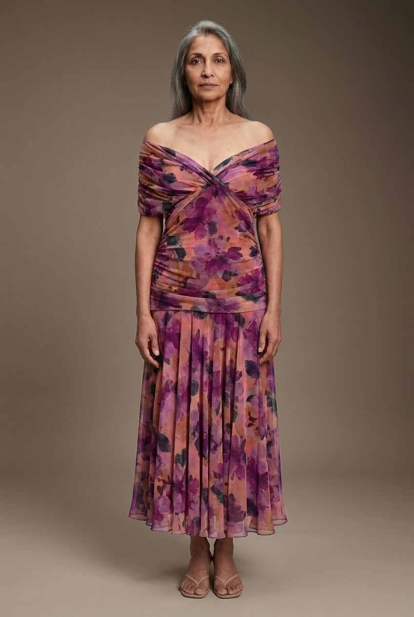 Elegant Off-Shoulder Dress for Women, Lightweight Flowy Pleated Floral, for Weddings, Evening Events & Vacation