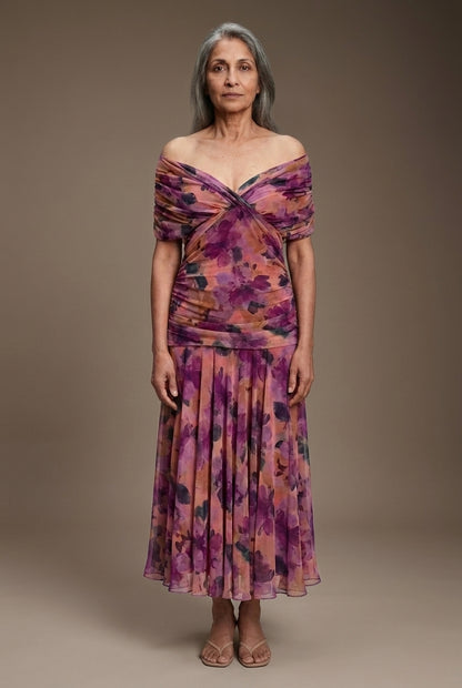 Elegant Off-Shoulder Dress for Women, Lightweight Flowy Pleated Floral, for Weddings, Evening Events & Vacation