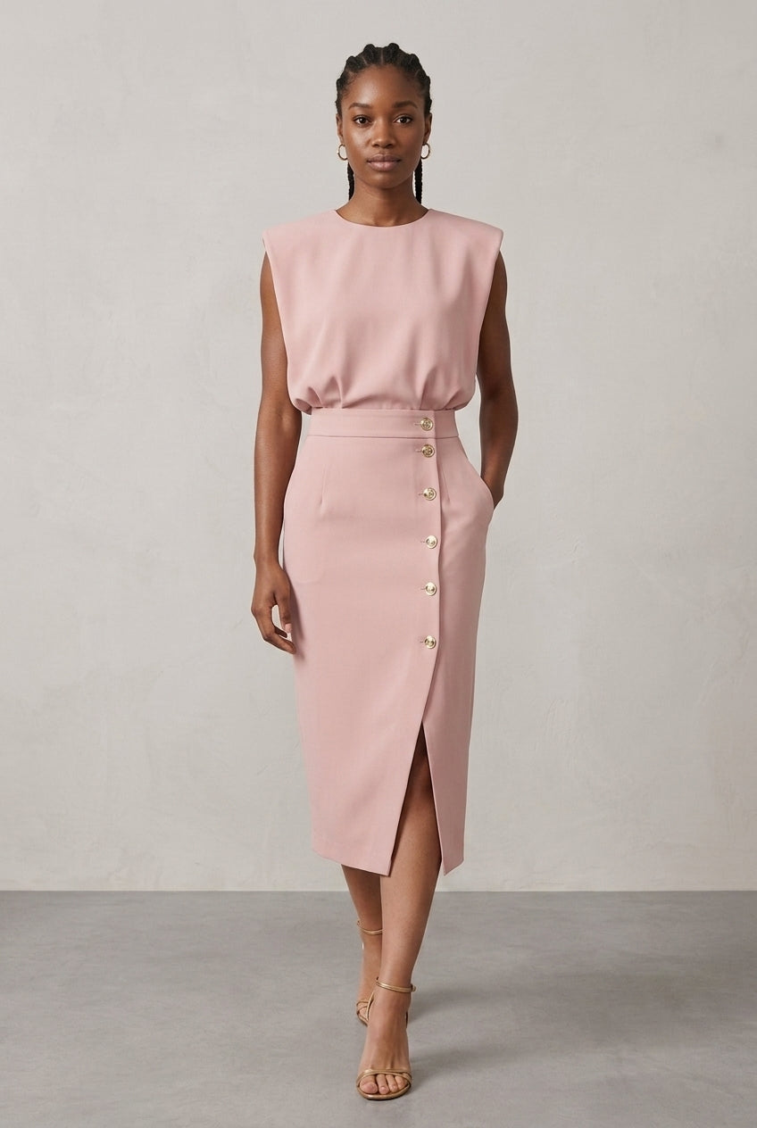 Elegant Midi Dress for Women, Sculpted Waist Side Slit Structured Shoulders, for Office, Events & Everyday Wear