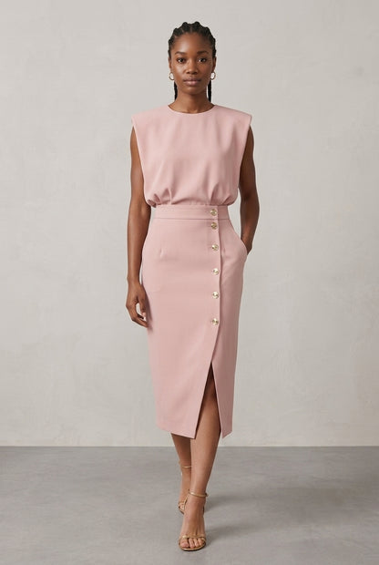 Elegant Midi Dress for Women, Sculpted Waist Side Slit Structured Shoulders, for Office, Events & Everyday Wear