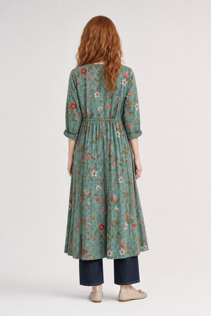 Liora | Women's Boho Cotton Floral V-Neck Pocket Maxi Dress Long Sleeve