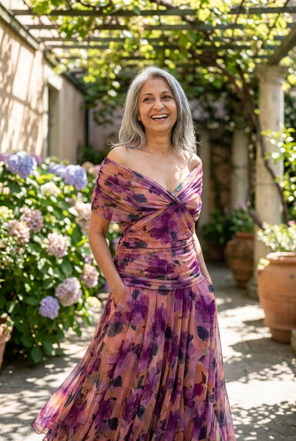 Elegant Off-Shoulder Dress for Women, Lightweight Flowy Pleated Floral, for Weddings, Evening Events & Vacation