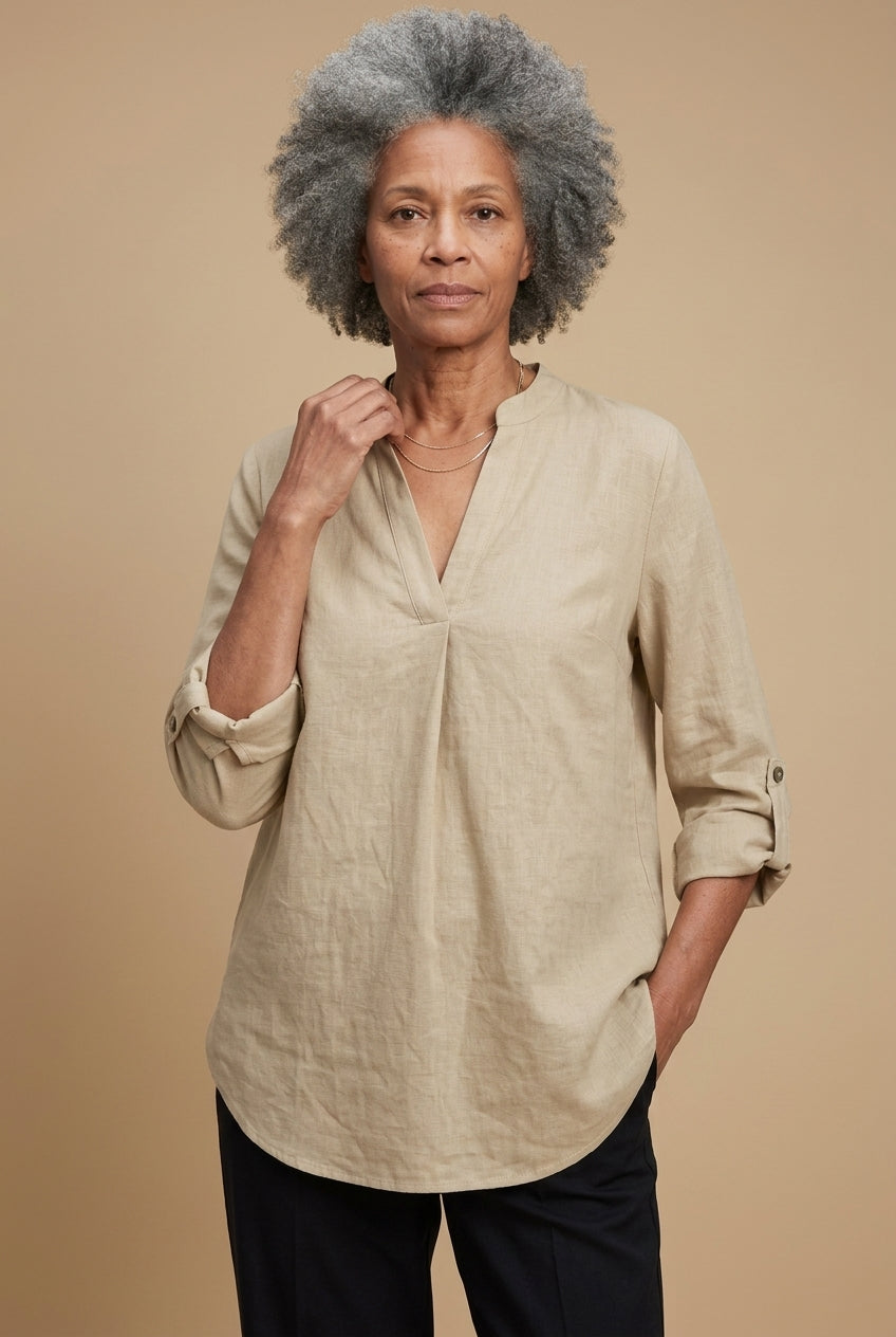 Classic V-Neck Long Sleeve Shirt for Women, Relaxed Tailored Fit Everyday Essential, for Work, Office, Casual & Layering