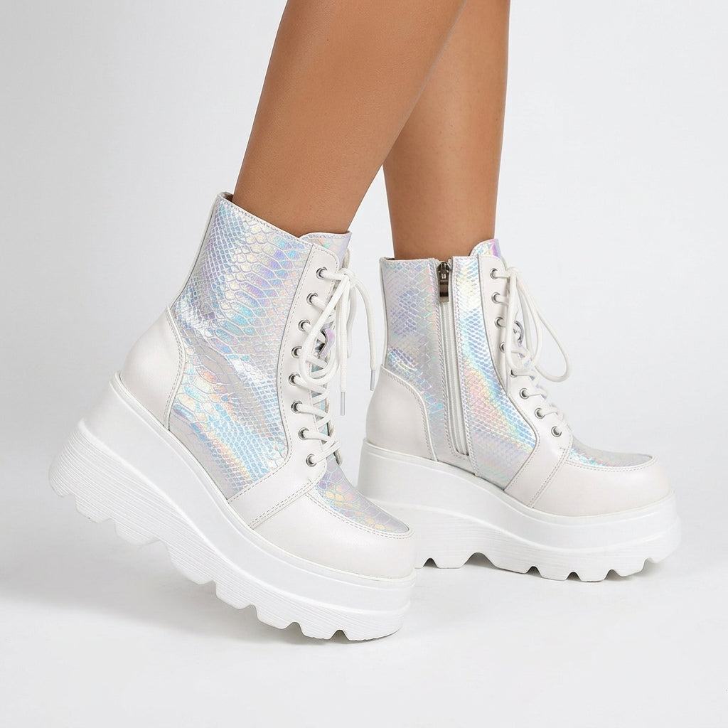 Colette Delyth | Iridescent Holographic Platform Boots
