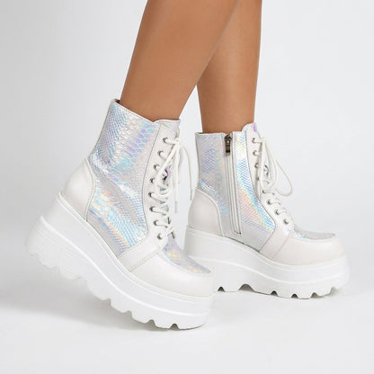 Colette Delyth | Iridescent Holographic Platform Boots