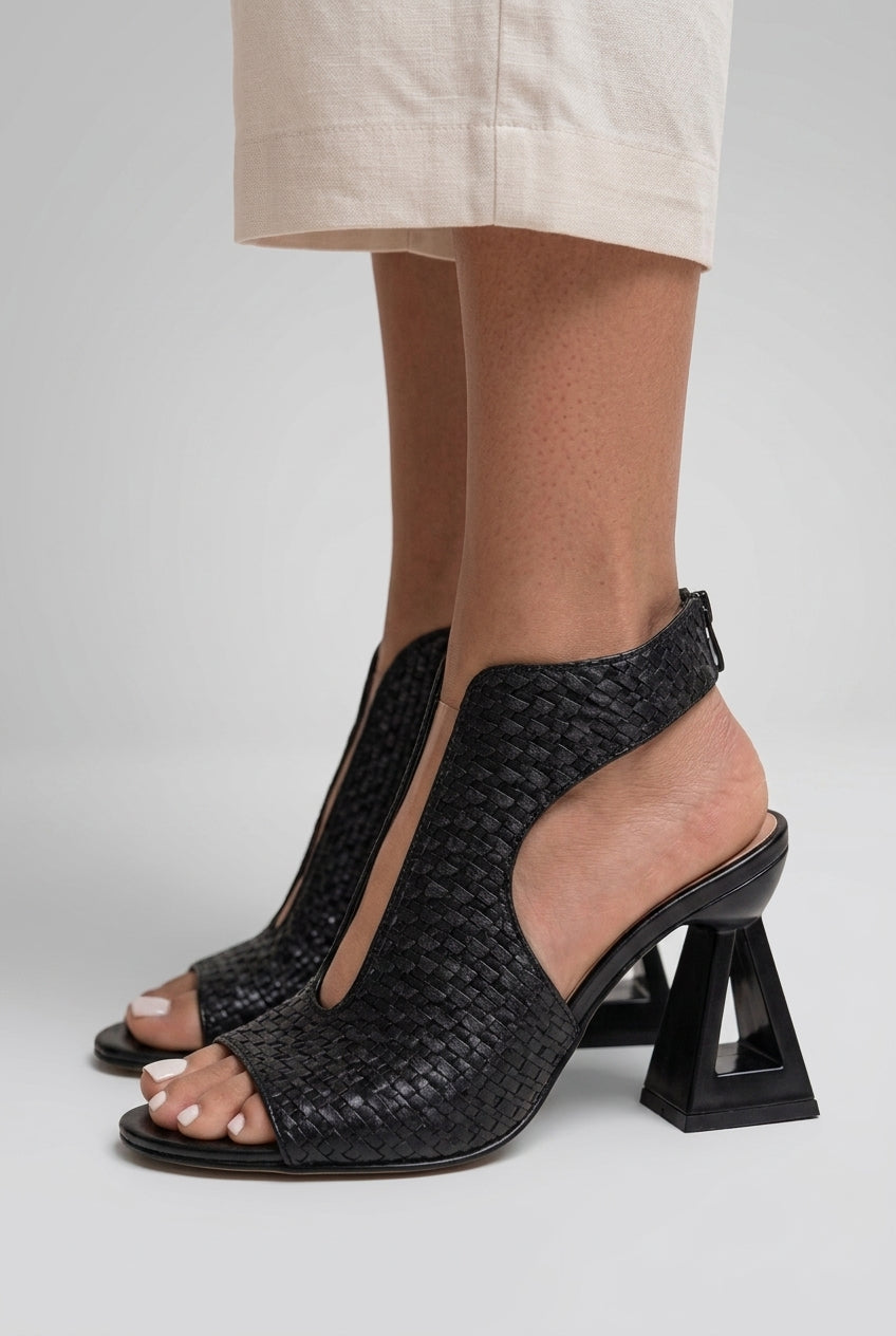 Elegant Geometric Heels for Women, Woven Textured Open-Toe Slip-On with Sculptural Heel, for Dinners, Events, Weddings &